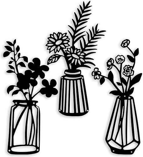 Miniatura 8 de qzmaikoo 3 piezas de rosas de girasol margaritas flores de metal negro decoración de pared jarrón de metal arte de pared esculturas de pared de