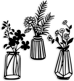 qzmaikoo 3 Pieces Black Metal Flowers Wall Decor Metal Vase Wall Art Metal Wall Sculptures Hanging for Indoor Kitchen Bathroom Dining Room Patio,14.56x7.48 inches