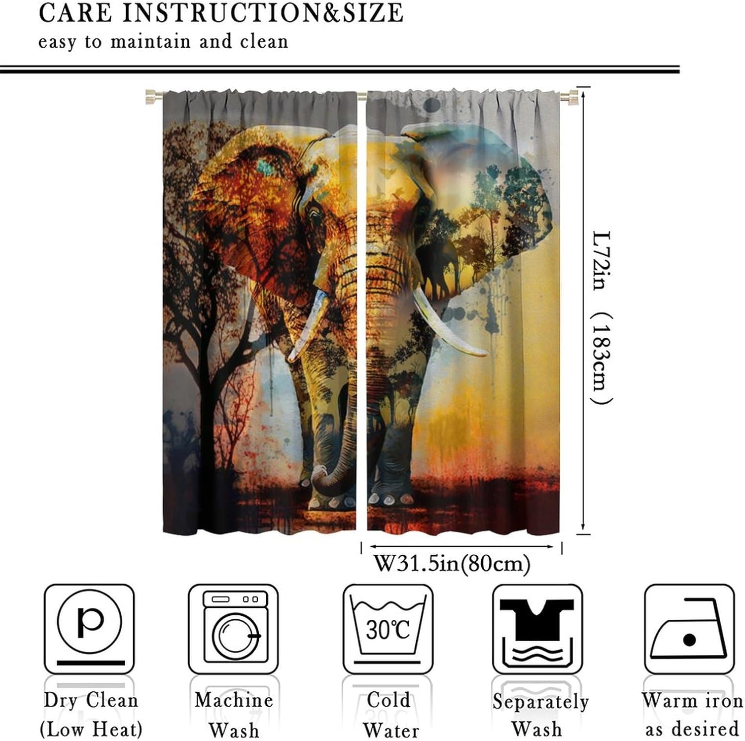 Rustic African Wildlife Elephant Curtains for Living Room, Abstract Modern Art Nature Landscape Animal Silhouette Sunset Tree Rod Pocket Thermal Insulated,Window Curtains 2 Panels 72"L x 31.5"W