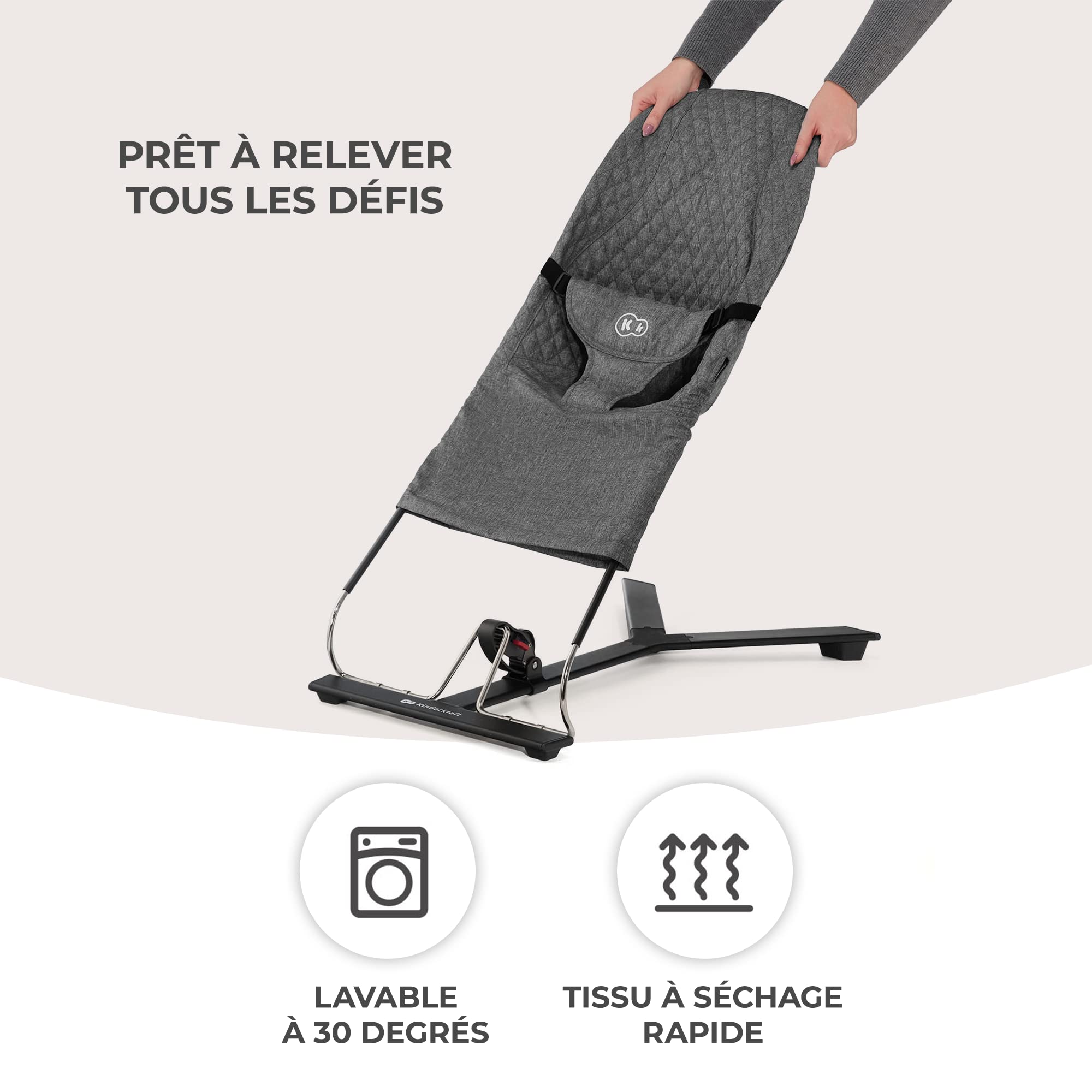 Kinderkraft MIMI Transat bébé, Balancelle de La Naissance à 9 Mois, Dossier réglable sur 3 niveaux, Pliable à plat, Facile à transporter, Arche avec jouets, Gris