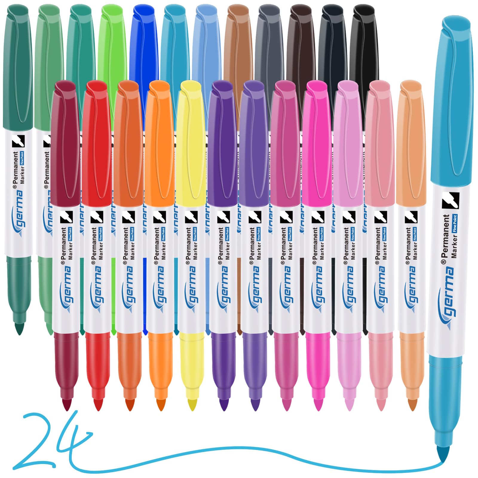 Cgerma Marqueurs permanents de couleurs assorties, pointe fine, 24 marqueurs permanents de couleurs vives, imperméables, résistants à la décoloration, fonctionnent sur le papier, le verre, le