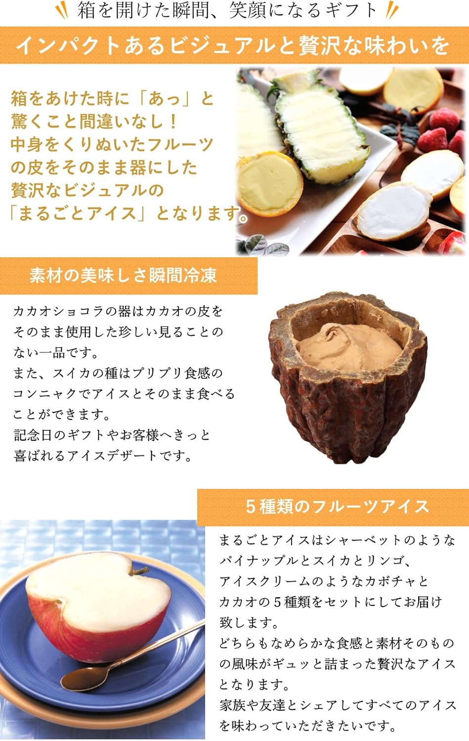 Amazon まるごと アイス 5種セット フルーツ かぼちゃ パイン スイカ りんご カカオ 5個入り 各1個 シャーベット ルクール アイスクリーム 通販