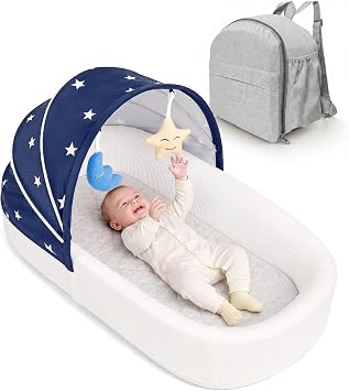 Portable Newborn Nest Lounger with Canopy & Mosquito Net-Lightweight Foldable Newborn Play Support & pad and Washable Cover, Indoor-Outdoor UseBlue