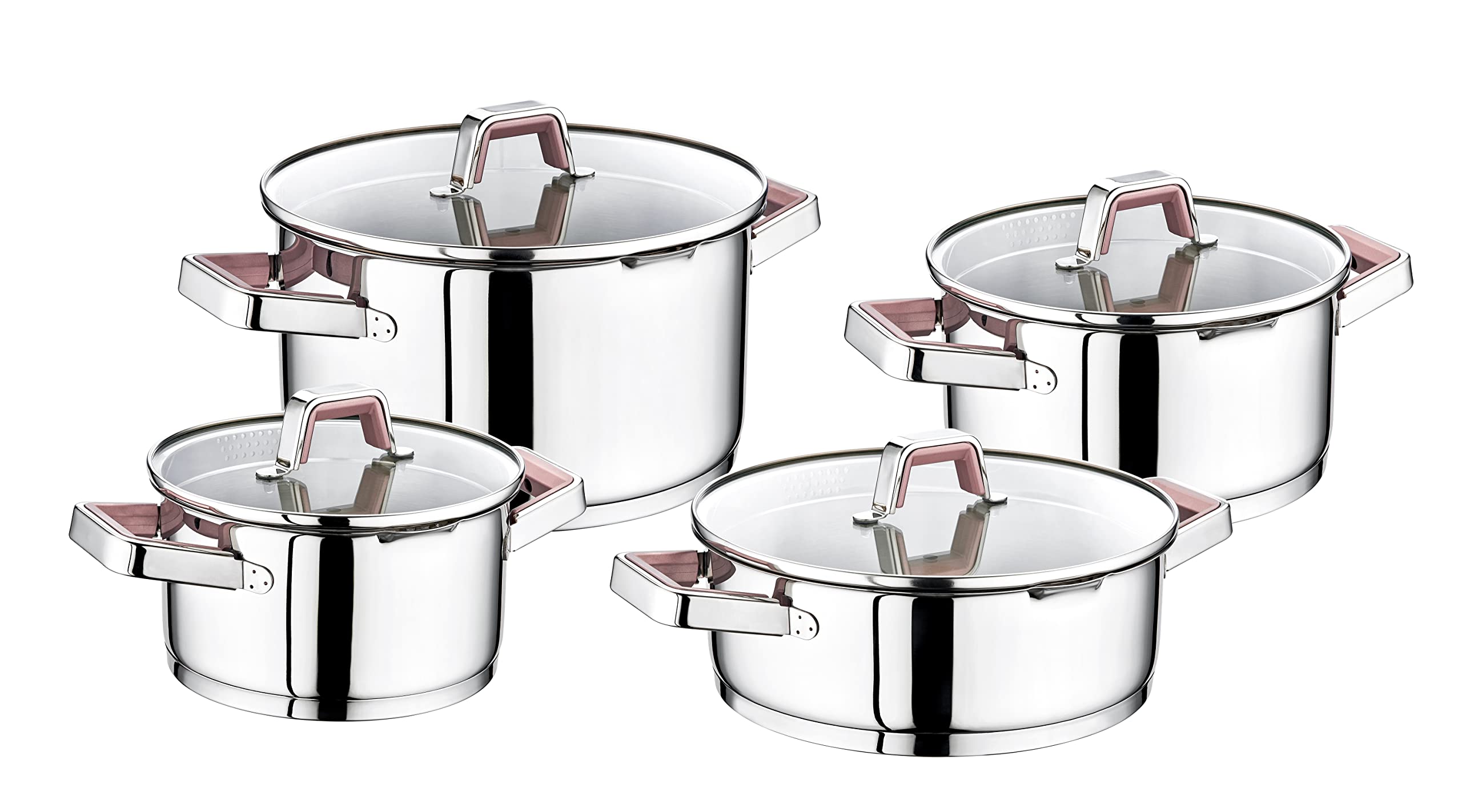 8 Pieces Azra Cookware Set 18 Cm Deep Pot, 20 Cm Deep Pot, 24 Cm Deep Pot, 24 Cm Low Pot Silver/Purple Color