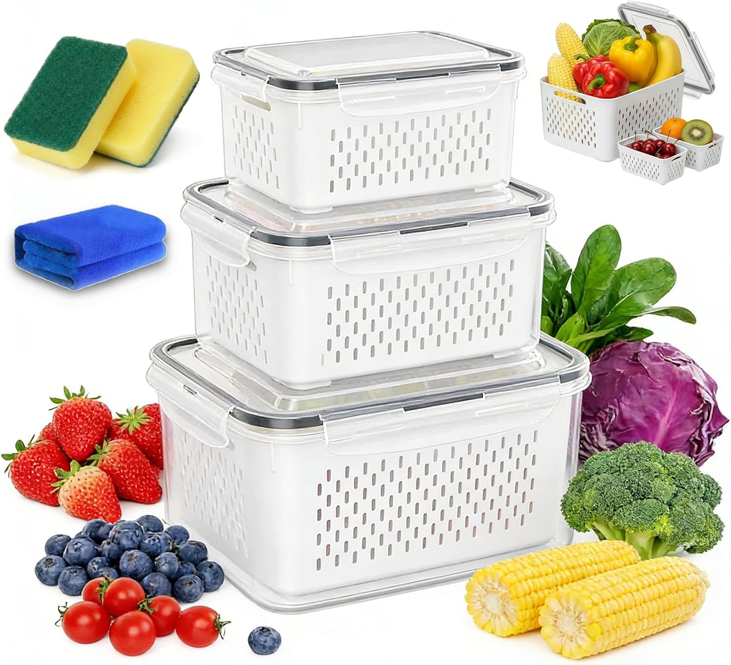 Fruit Storage Containers for Fridge with Removable Colanders, Household Transparent Plastic Food Storage Box-Including Drain Basket, 4 in 1 Food Storage Container, Vegetable Storage (Gray, M+L)