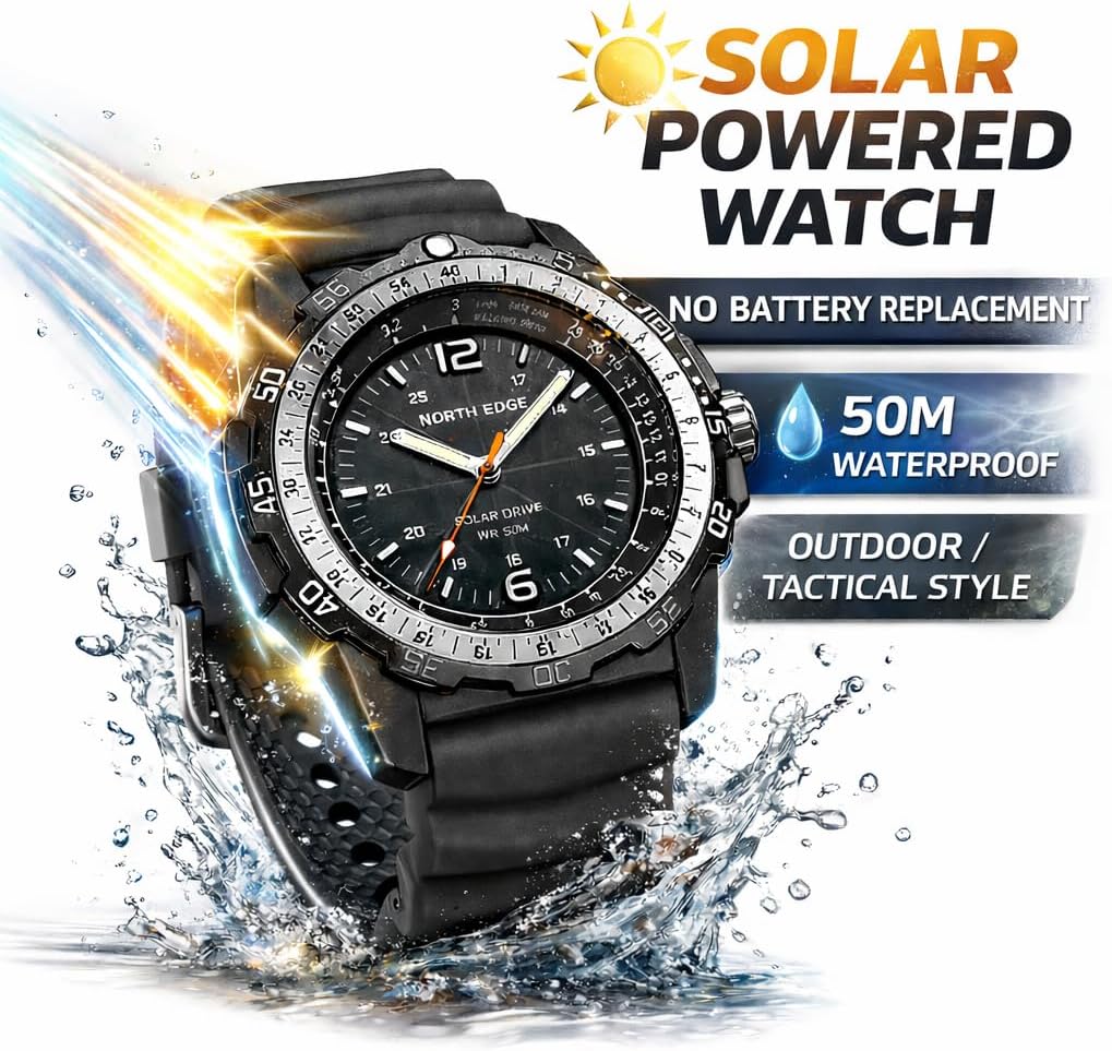 NORTH EDGE Solar Powered Watch for Men, No Battery Replacement, 50M Waterproof Outdoor Military Watch, Luminous Analog Wrist Watch, Durable Silicone Strap, Large 46mm