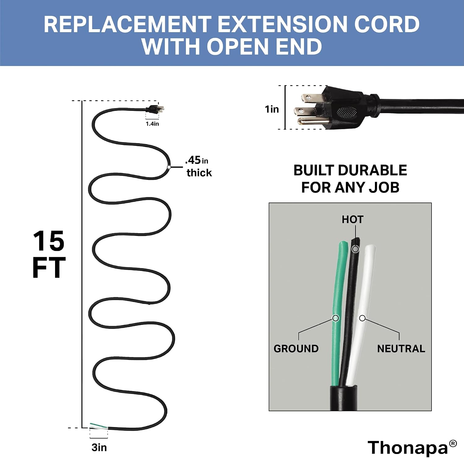 Thonapa 15 Foot 12 AWG Power Cord Replacement with Open End - 3 Prong Replacement Cord, 12/3 SJT, NEMA 5-15P Replacement Power Cable 3 Prong for Major Appliances - Black