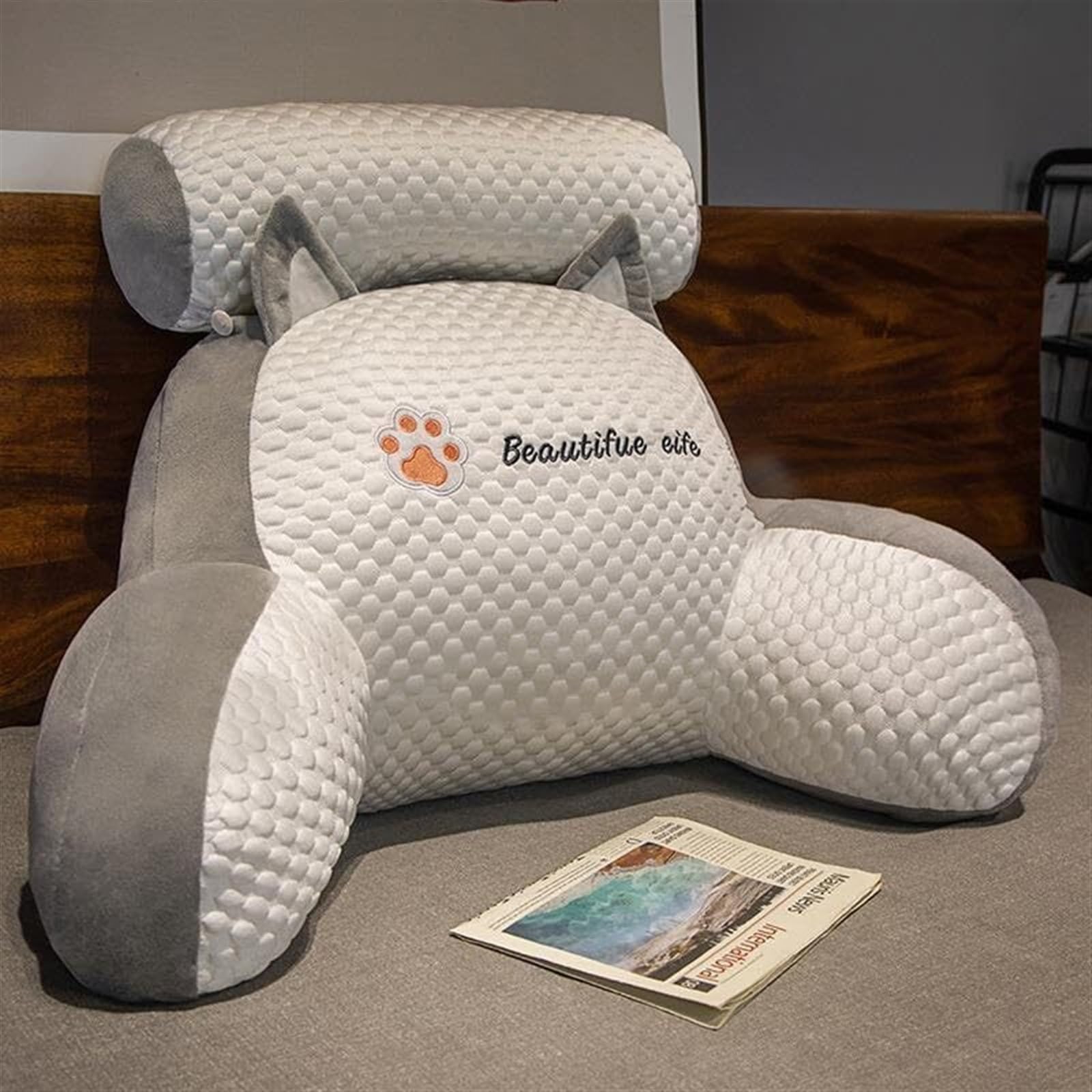 MYXJX back support cushion, Bed Rest Lumbar Support Cushion with Arm Breathable Seat Relax Pillow(Grey,70 * 50cm)