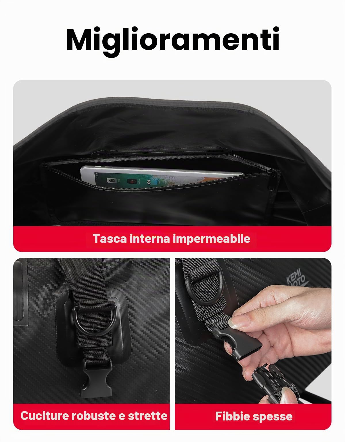 KEMIMOTO Borsa Moto, 65L Borsa Posteriore Moto Impermeabile con Tracolla, Borsa Sella Motociclo con 4 Cinghie di Fissaggio per Motociclismo, Ciclismo, Campeggio, Viaggio