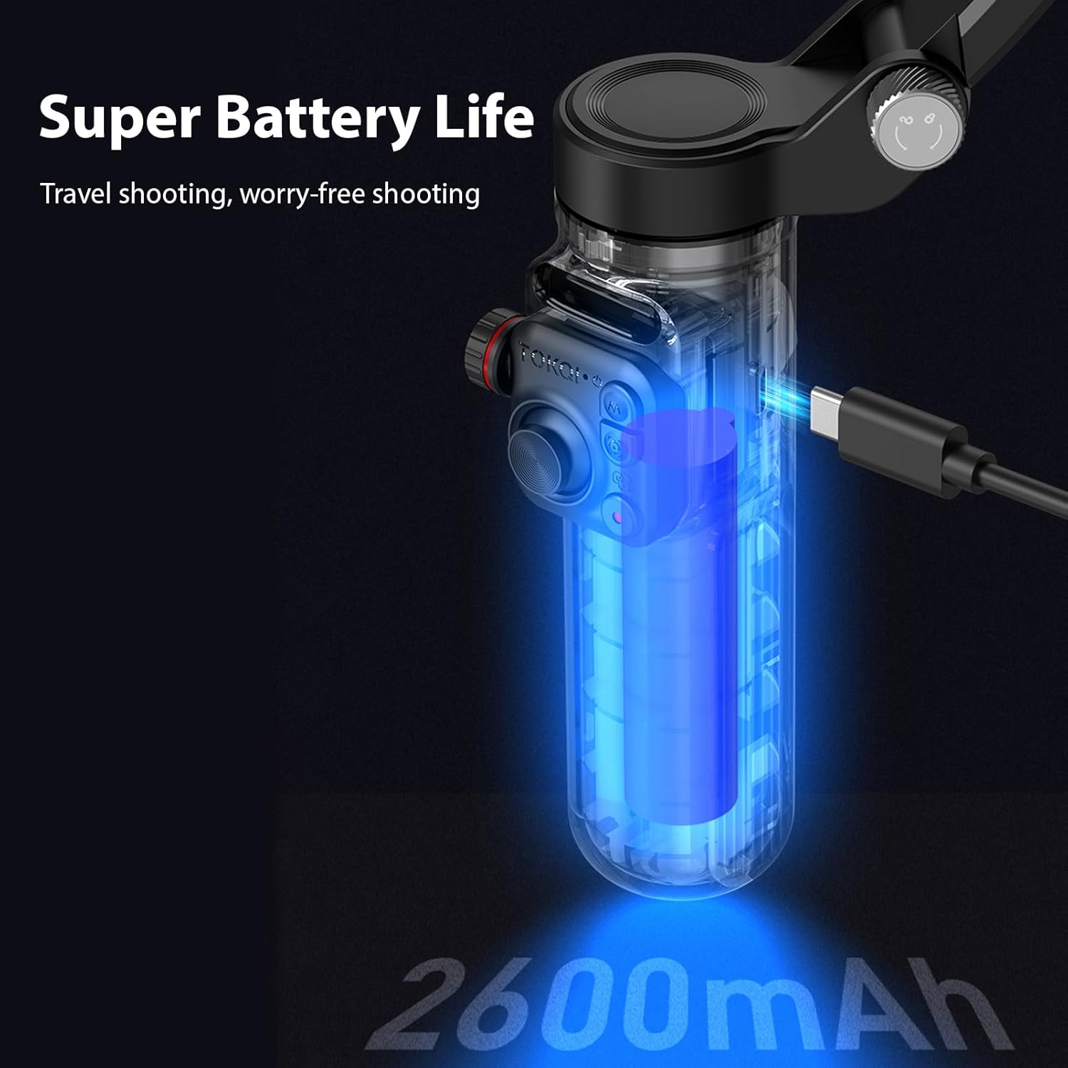 Illustration of the gimbal being charged via a USB-C cable, highlighting its 2600mAh battery.