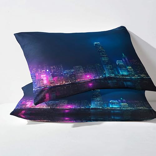 Miniatura 2 de zcwl Juego de funda de edredón tamaño matrimonial  Juego de cama Neon City  Patrón de escena de ciudad  3 piezas  Funda de edredón de microfibra
