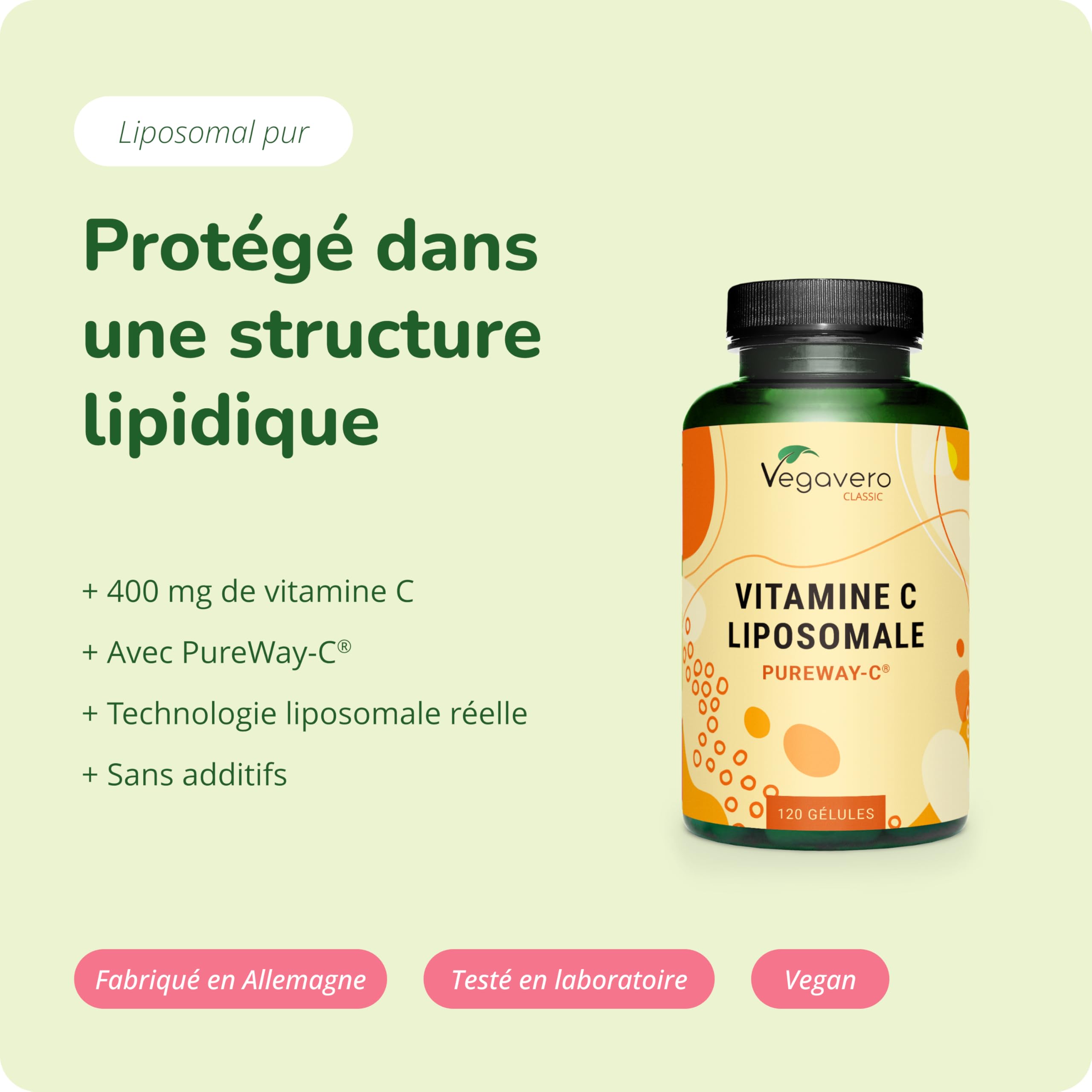 Vitamine C Liposomale | Qualité PREMIUM : PureWay-C® | Hautes Biodisponibilité & Absorption | Défense Immunitaire + Énergie | Sans Additifs & Vegan | 120 Gélules | Vegavero®