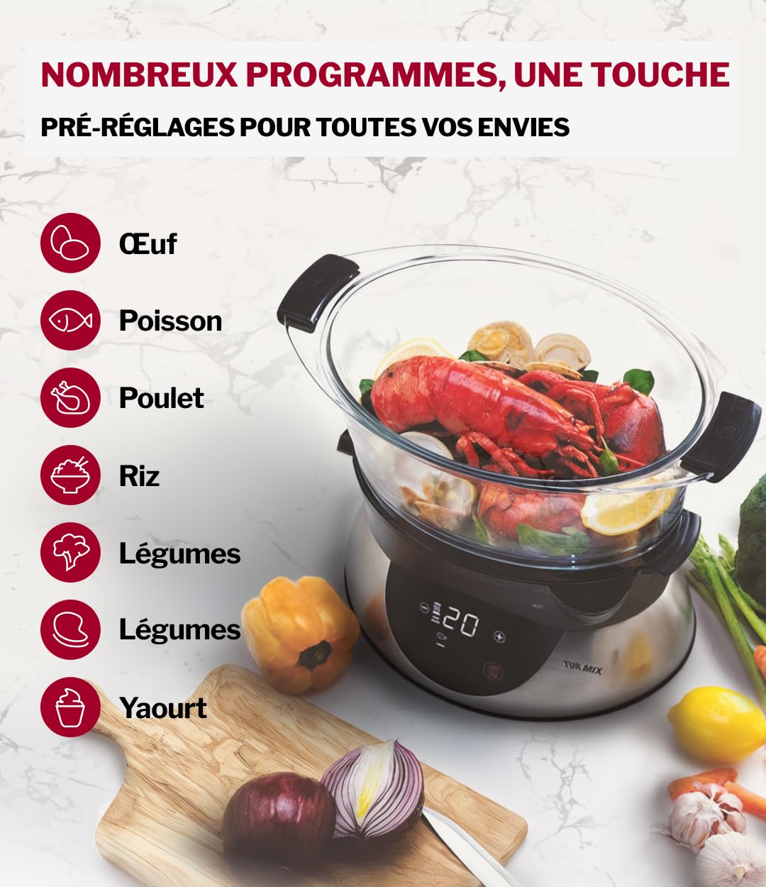 Turmix Steamer CX 220 – Cuiseur vapeur 5,2 L avec récipients en verre et écran numérique, commande tactile, fonction de maintien au chaud, démarrage différé, programme yaourt
