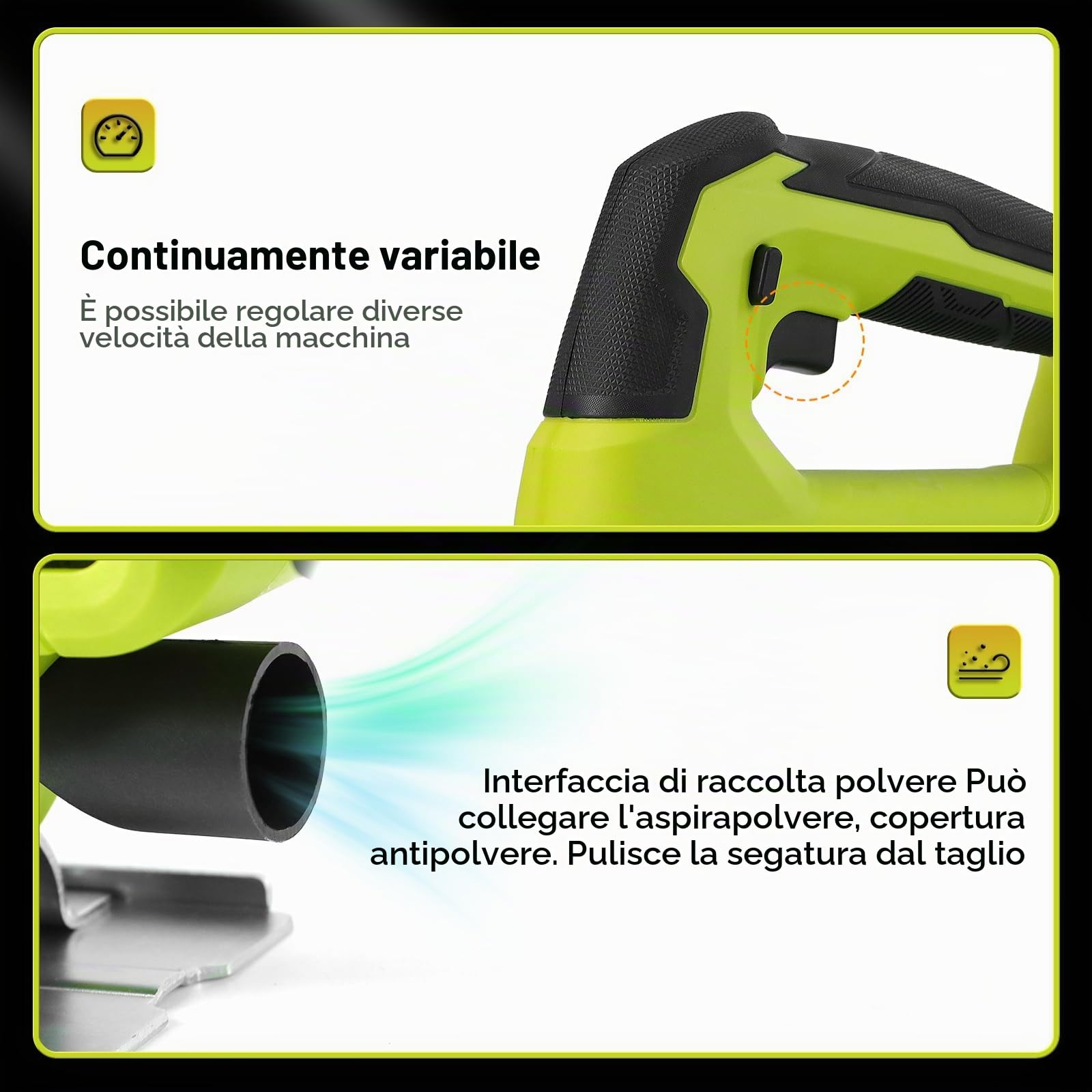 DEWINNER Seghetto alternativo a batteria 20V, Cambio Lama Senza Attrezzi(attacco di aspirazione, batteria 2x 2,0 Ah, Profondità di Taglio: 80 mm,caricabatteria e valigetta,Scatola)