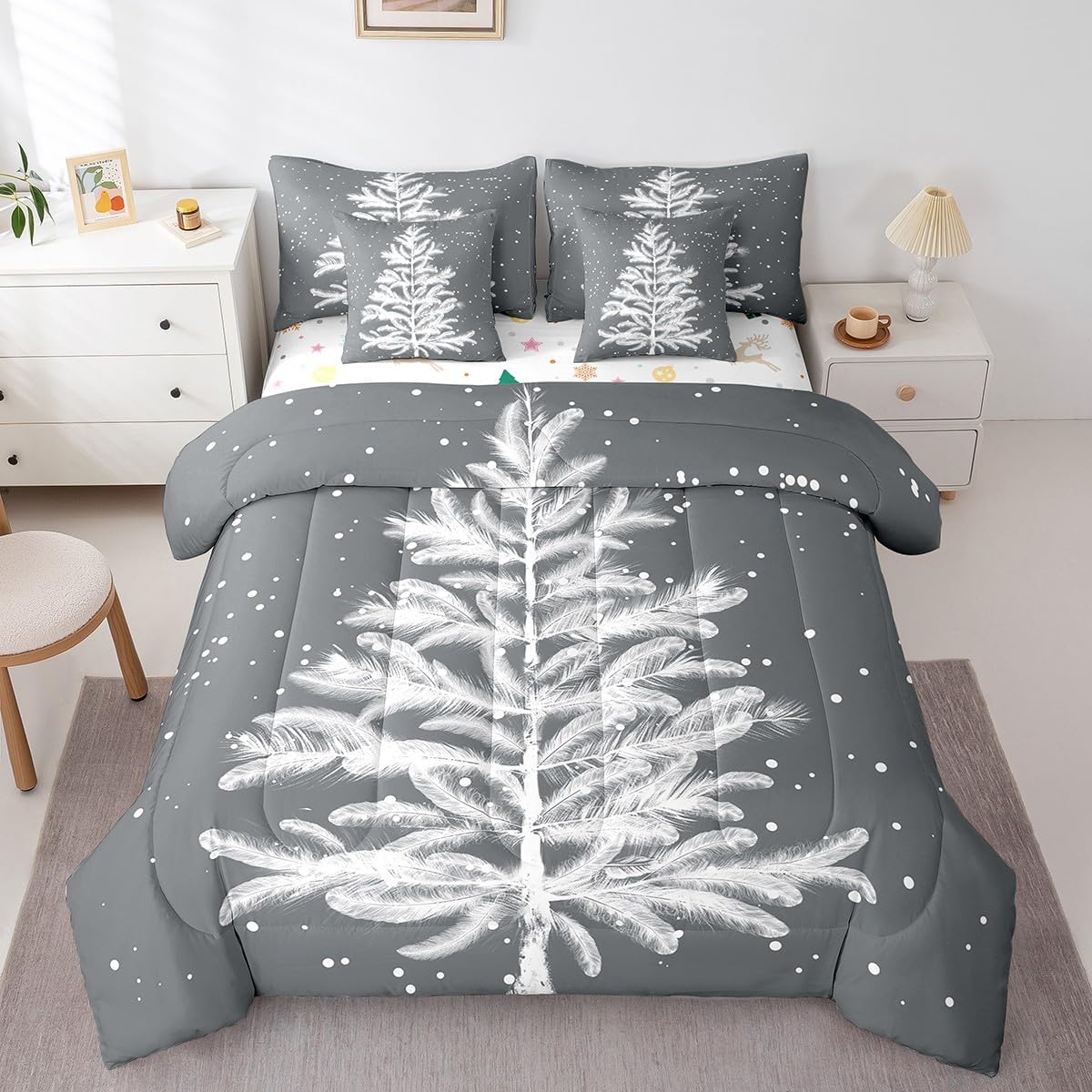 Erosebridal Christmas Tree Bed in a Bag Twin Comforter Set 7 Piece,Merry Christmas Bedding Set,Winter Snowflake Floral Sheet Set,Abstract Feather Xmas Decorations Grey Quilt Set Bedroom Decor