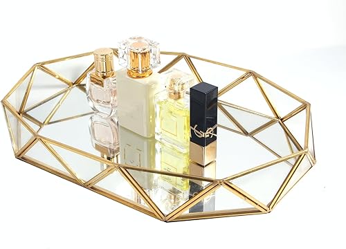 Feyarl Bandeja de maquillaje con espejo de vidrio transparente dorado, organizador de joyas, forma octogonal ornamentada, exhibición de perfume