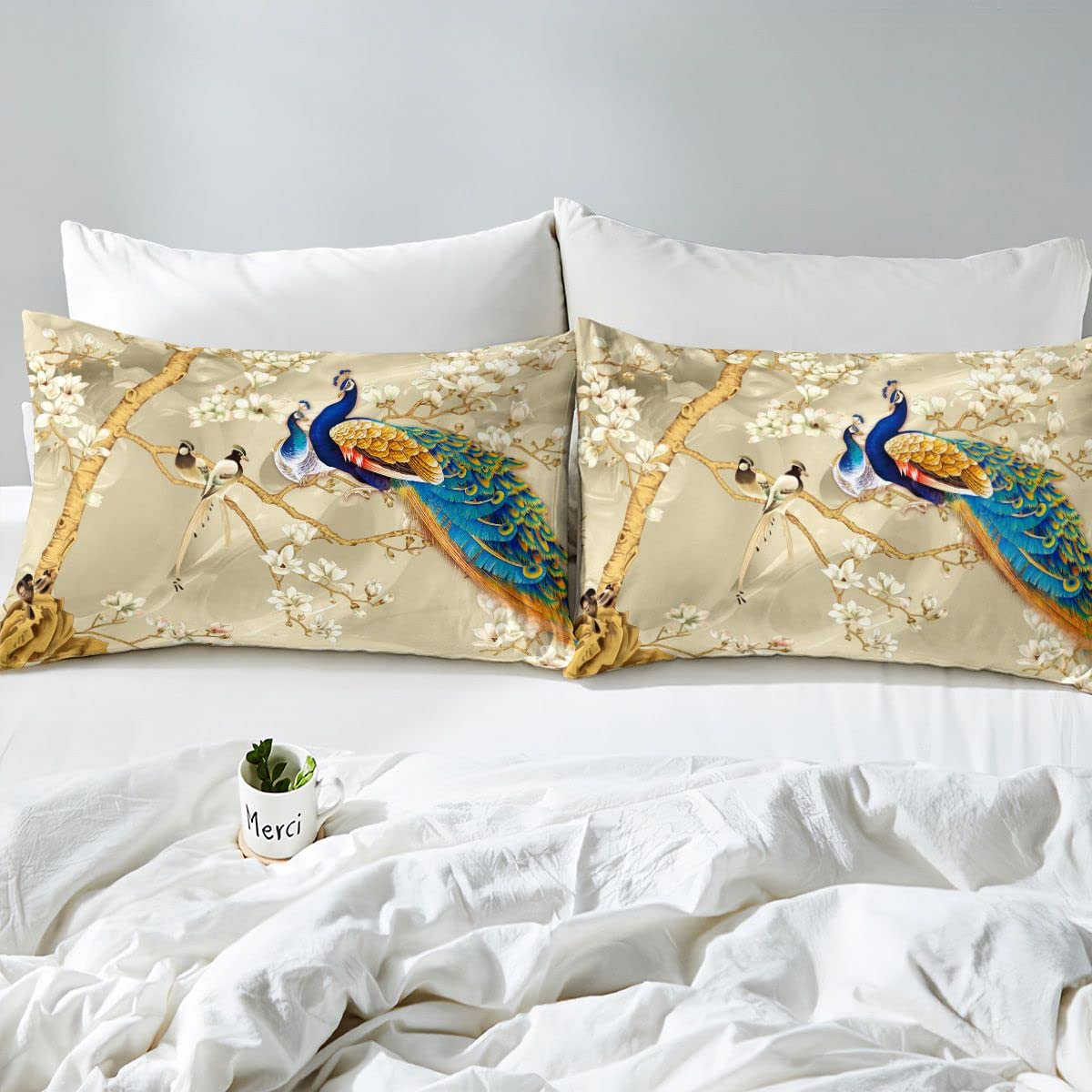 Loussiesd Peacock Comforter Cover Set Peacock with Floral Bedding Set for Kids Adults Girls Animals Duvet Cover Botanical Bedspread Cover Super King Boys - Image 3