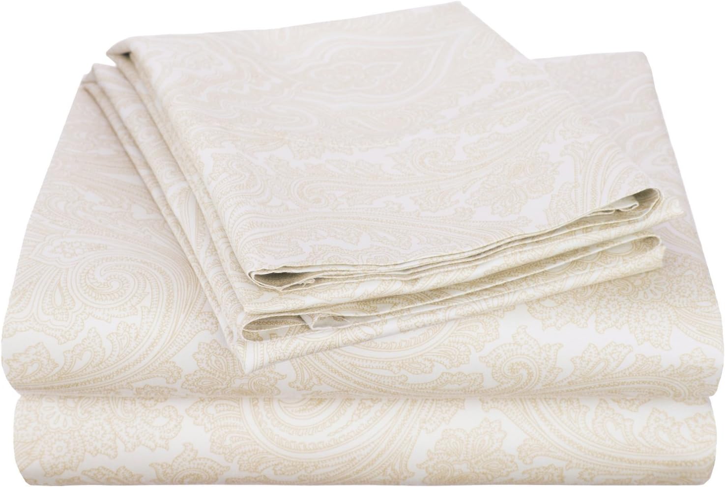 SUPERIOR Cotton Blend Bed Sheet Set, Italian Paisley Design, Includes 1 Fully Elastic Deep Pocket Fitted Sheet, 1 Flat Sheet, 2 Pillowcases, Sateen Weave, California King, White