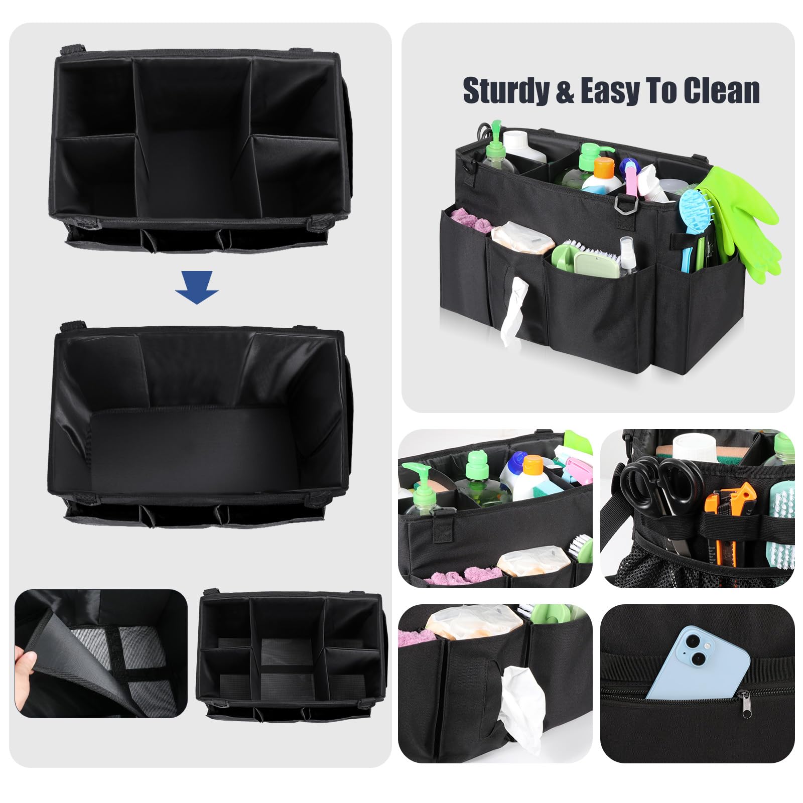 Wearable Cleaning Caddy Bag with Handle, Multi-functional Cleaning Supplies Caddy Organizer with Handle and Shoulder Strap for Car Wash, Gardening Tools, Painting/Picnic Items, Beach (Black)