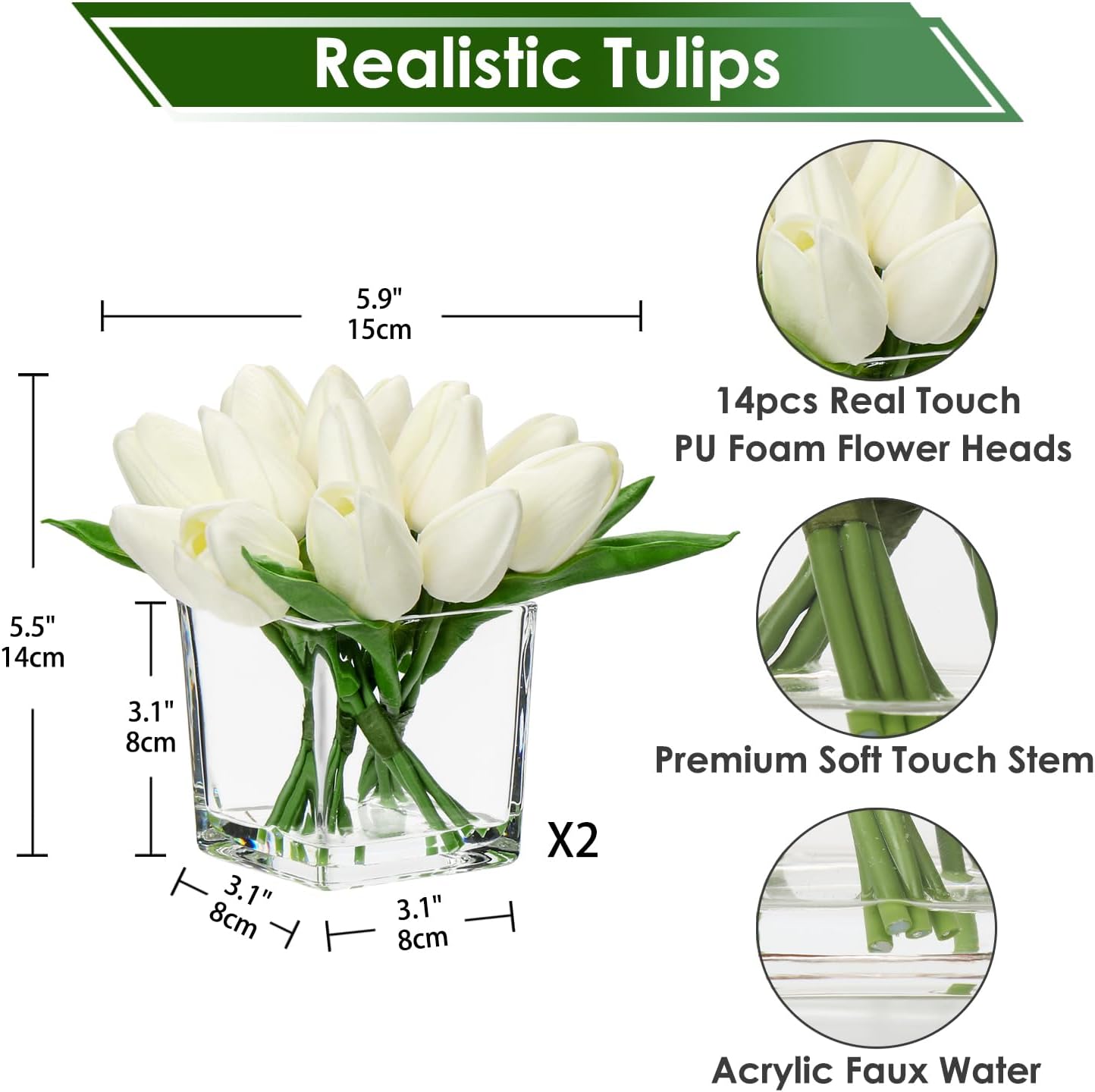 DILATATA Artificial White Tulips in Vase with Faux Water 5.5" Real Touch Flowers Fake Tulips Small Flowers Arrangement in Cube Glass Vase for Mother's Day Table Centerpiece Wedding Home Decor - Image 2