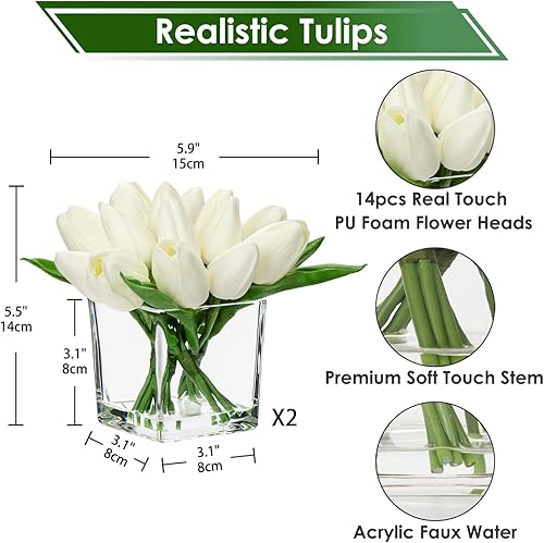 Miniatura 2 de DILATATA Tulipanes blancos artificiales en jarrón con agua sintética de 5.5 pulgadas, flores de tacto real, arreglo de flores pequeñas en jarrón de