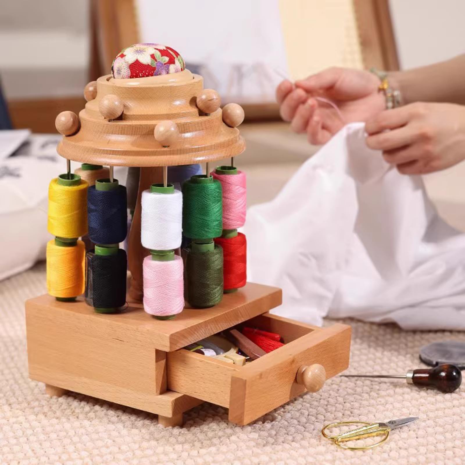 Wooden Sewing Organizer, Solid Wood Needlework Box, Seamstress Sewing Basket, with Drawer, 8 Spool Holders, Top Storage Compartment, for Sewing Supplies, Hobby Craft Tools, Needles Assorted