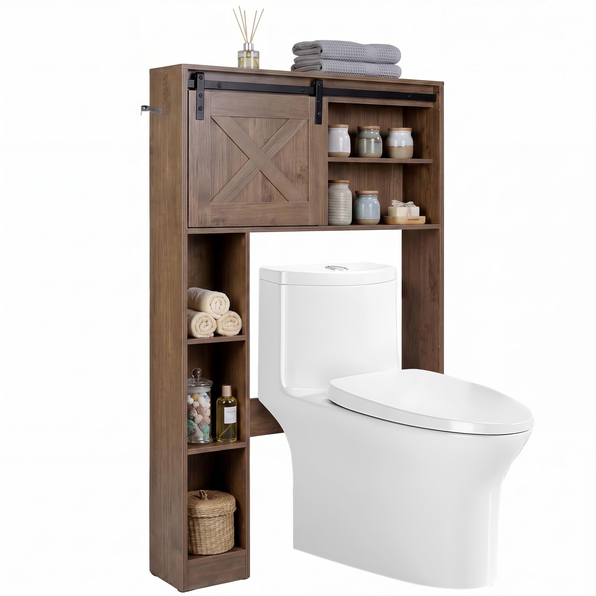 LIFEZEAL - Almacenamiento superior con 3 estantes abiertos y puerta corrediza, mueble de almacenamiento para inodoro de madera, organizador de baño (marrón, 84,5 x 17 x 128 cm)