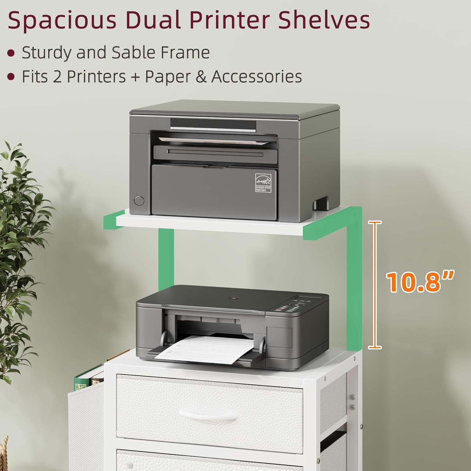 2-Drawer File Cabinet, Filing Cabinet with 2-Tier Printer Shelves, Office Cabinets with Side Bag&File Drawer for A4/Letter Size, Printer Stand with Storage for Home Office, White, 16.5" W