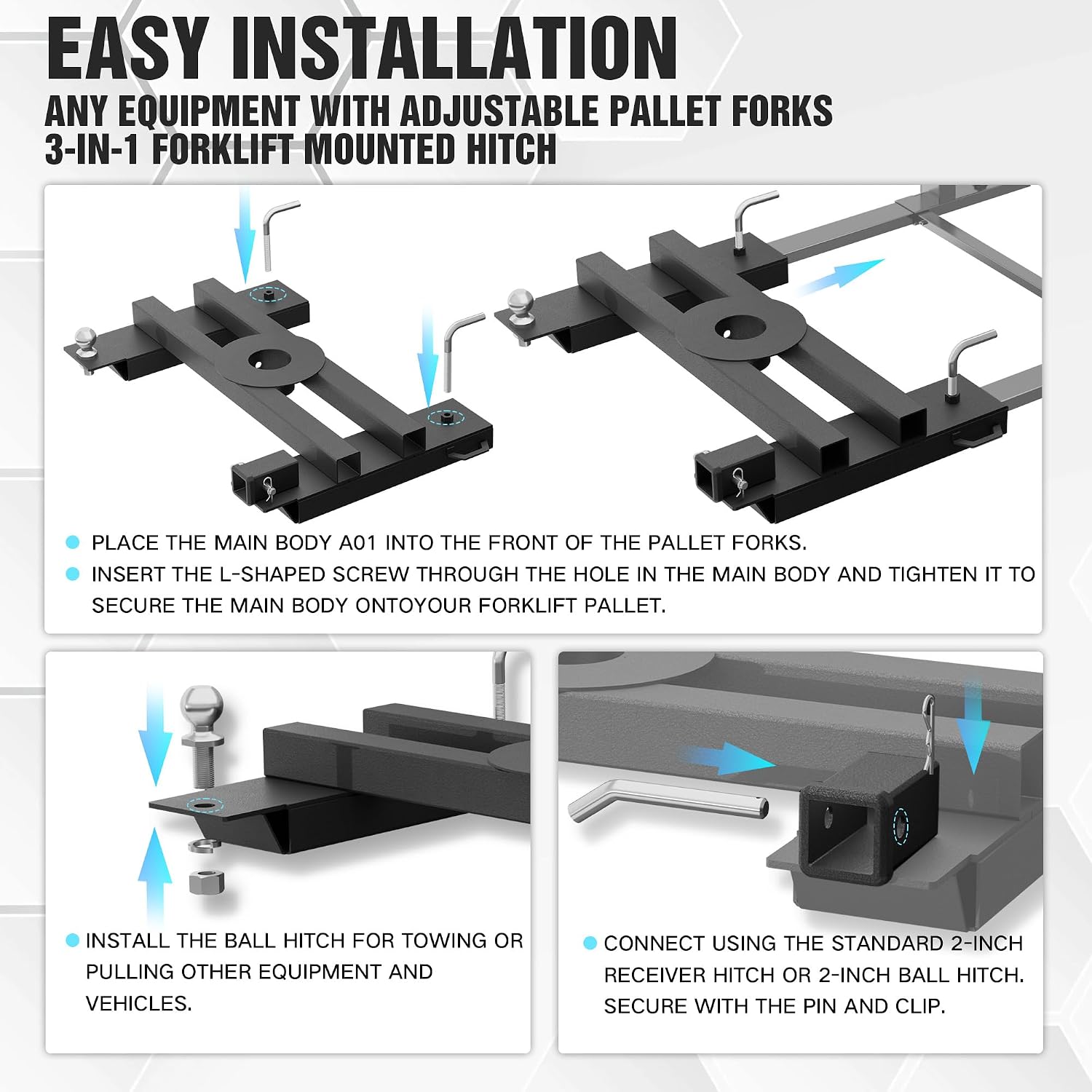 YZONA 3-in-1 Forklift Trailer Hitch Adapter, 8000 LBS Towing Capacity, Fits 1-7/8" Ball, 2" Receiver & Gooseneck Ball, Heavy Duty Pallet Fork Mounted Tow Hitch Attachment