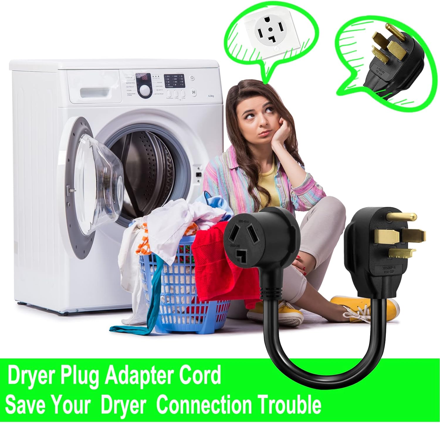 1.5FT 3 Prong to 4 Prong Dryer Adapter, 4 Prong to 3 Prong Dryer Adapter, NEMA 14-30P Male to 10-30R Female, Dryer Cord Adapter 4 to 3 Prong, STW 10AWG, 30A, 250V
