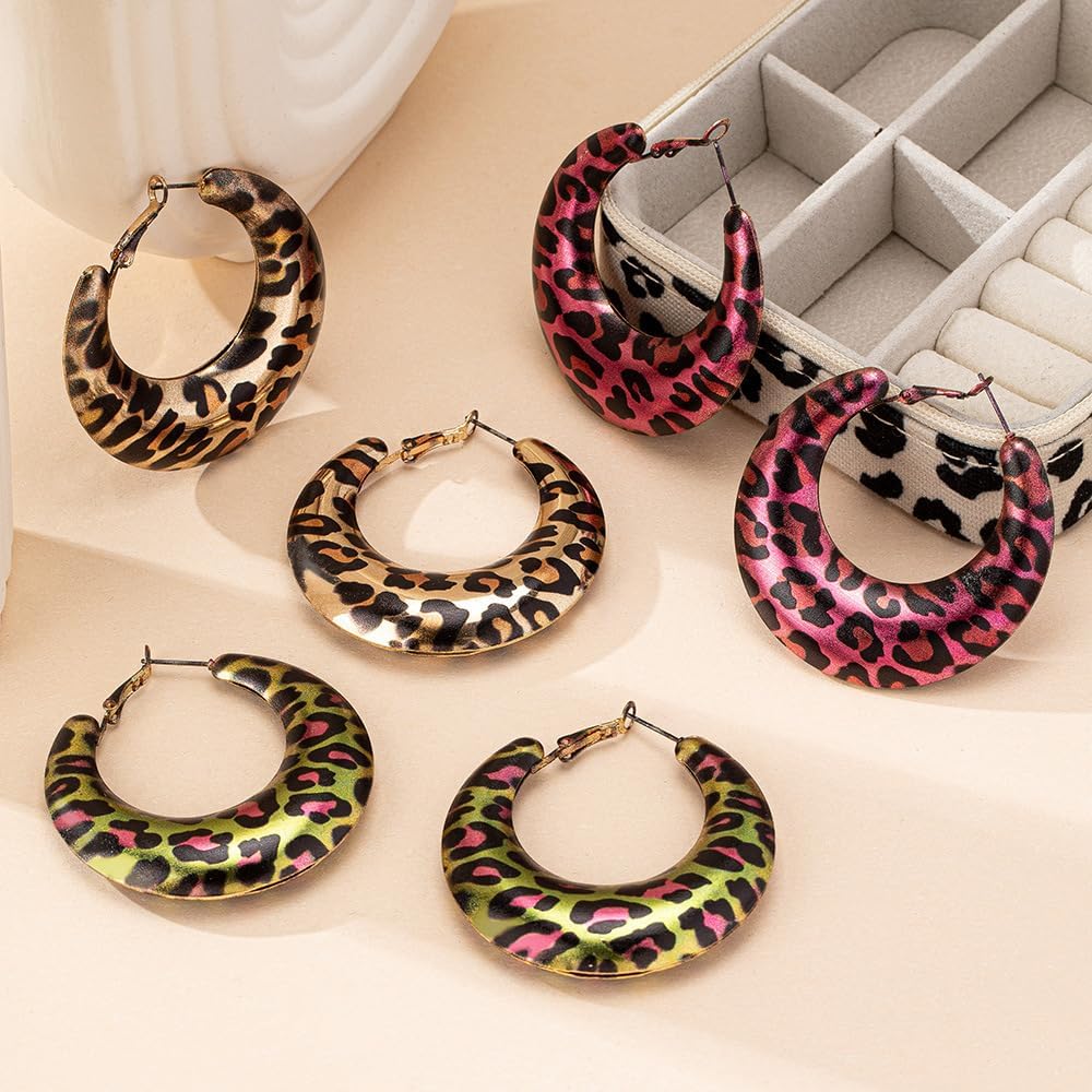 Metal Geometric Leopard Print Earrings Exaggerated Round Hoop Earrings Red/Green/Gold Leopard Print Earrings Chunky Big Huggie Hoop Earrings Trendy Statement Earring Birthday Party Halloween Christmas Jewelry for Women - Image 3