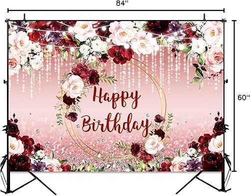 Miniatura 8 de Sensfun Telón de fondo floral de feliz cumpleaños, flores burdeos, oro rosa, purpurina, puntos bokeh, fondo de fotos, vinilo para mujer, fiesta de