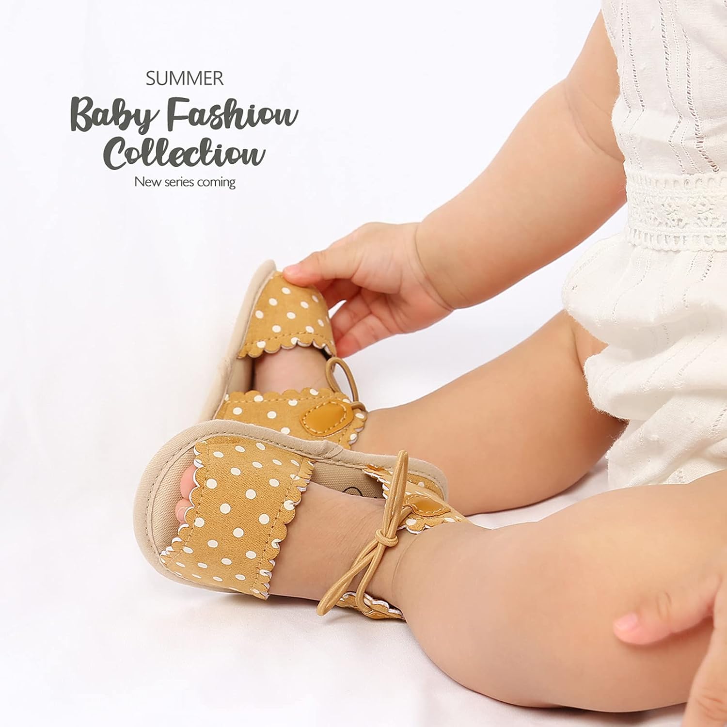 Dots Lace-ups Flat Walking Rubber Sandals Soft Sole Shoes Non-Slip Baby Girls Baby Shoes Sandals for (Yellow, 11-6M)