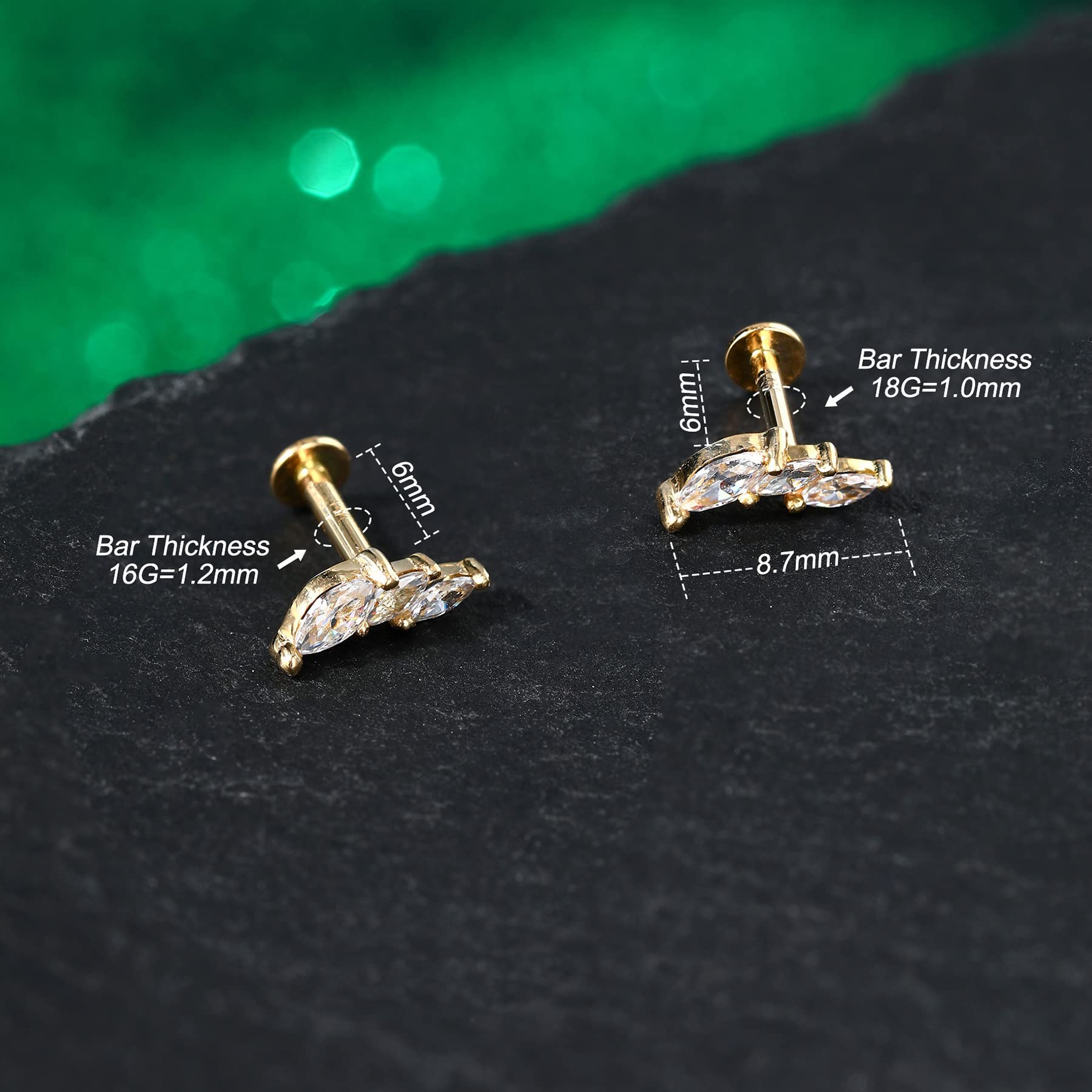 Melighting 16G/18G Threadless Push In Labret Studs Helix Piercing Jewellery Gold Helix Earrings Cartilage Front Helix Piercings Tragus, Conch, Lobe Earrings