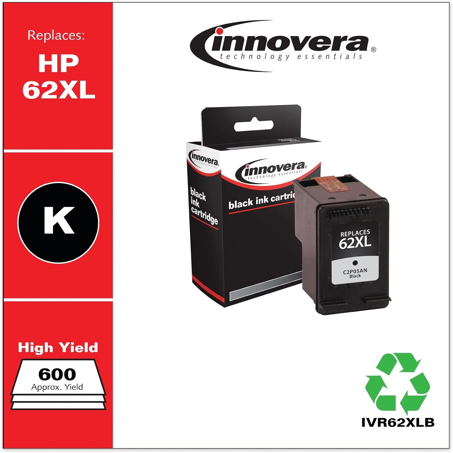 Innovera Remanufactured Black High-Yield Ink, Replacement for 62XL (C2P05AN), 600 Page-Yield