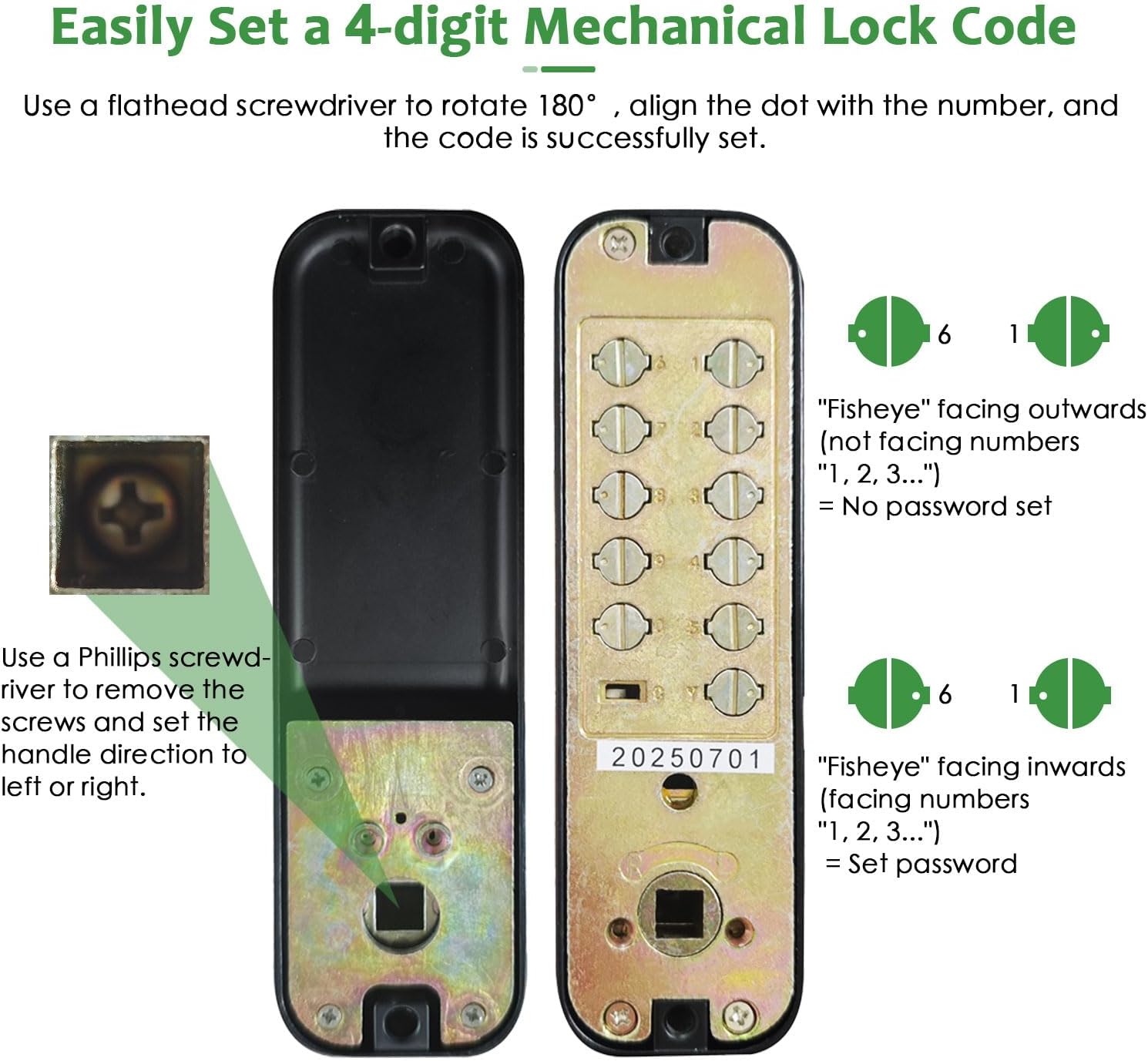 High-Security 12 Digit Keypad Mechanical Door Lock - Keyless Entry, Code Combination Lock with Handle, Waterproof & Rustproof, No Battery, Easy to Install, BH-MDLS0030202