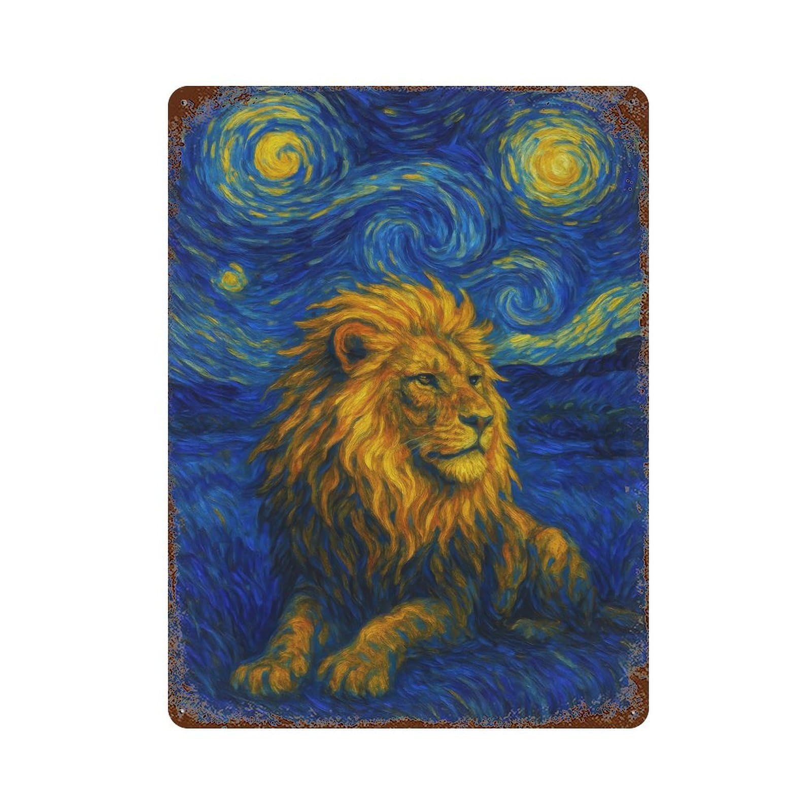 Lion in Starry Night Style Vintage Wall Sign 15.7"x11.8", Rust Effect Metal Decor for Office, Studio And Wall Decor
