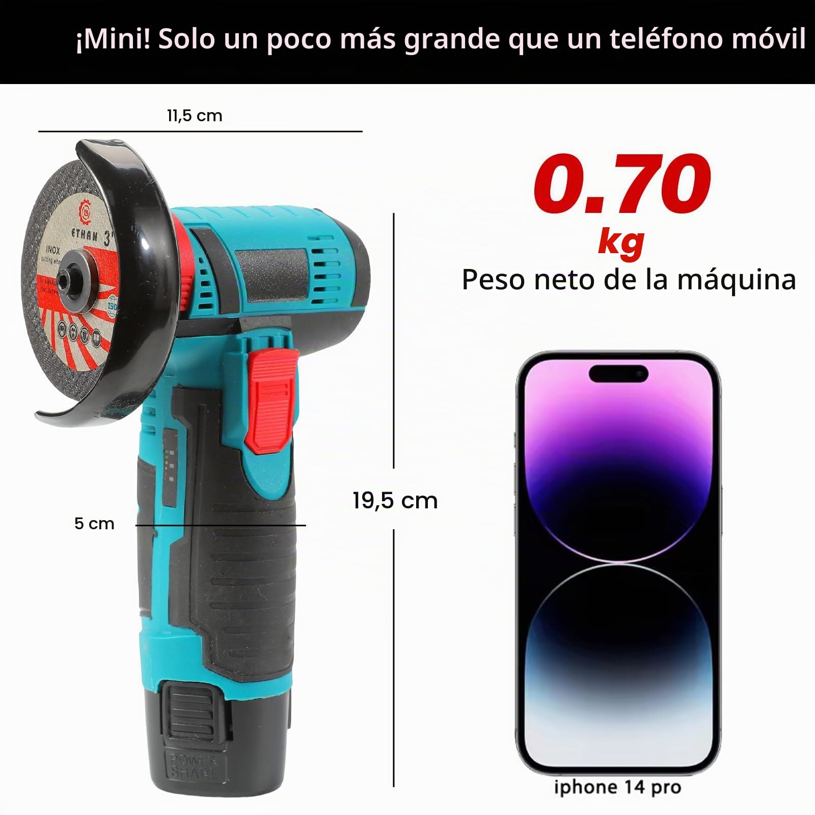 Mini amoladora angular inalámbrica 19.500 RPM,disco 76 mm, 12 V disco inalámbrico con 2 baterías 2000 mAh,17 discos de corte para molienda, pulido, corte (blue)