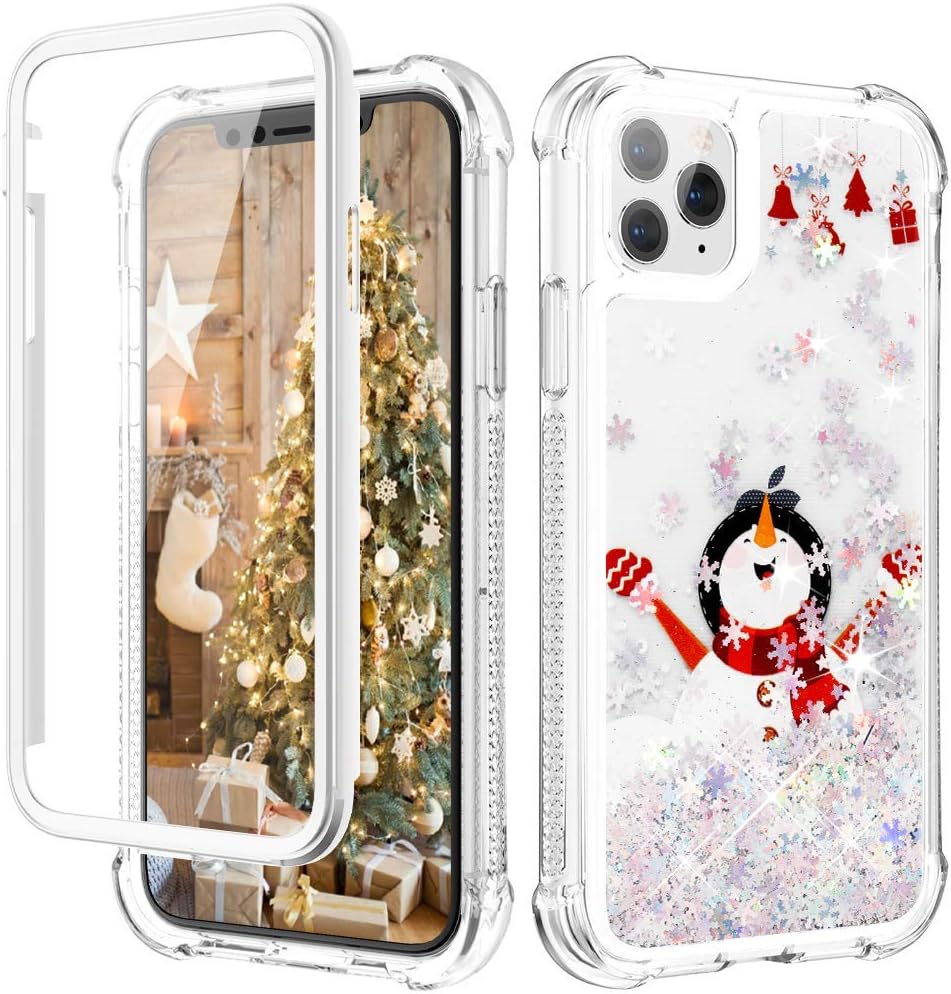 Caka iPhone 11 Pro Max Case Christmas, iPhone 11 Pro Max Christmas Case Glitter Liquid Full Body Case with Screen Protector Bling Girls Girly Women Case for iPhone 11 Pro Max 6.5-White Snowman