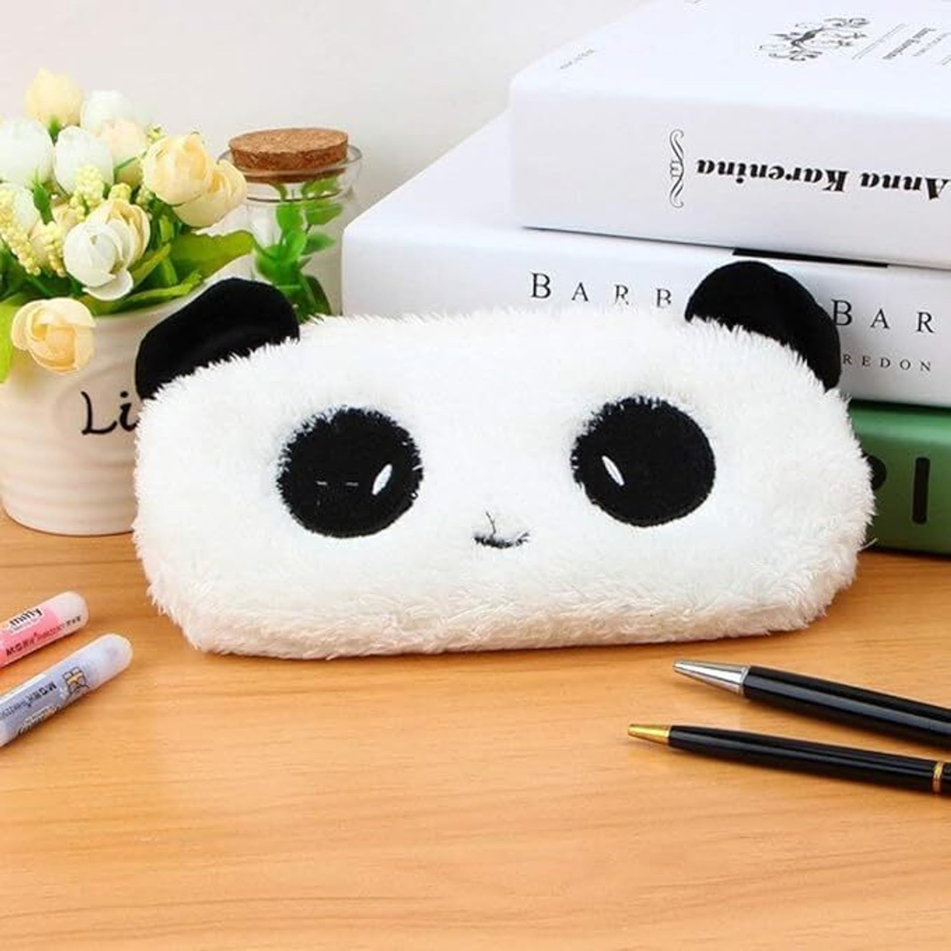 1 Pencil Pouch Cute Soft Face Pencil Pouch for Girls Travel Pouch for Girls Pouch Fur Pencil Stationery Pouch for Students Zipper Closer Black & White Art Canvas Pencil Box-image-48