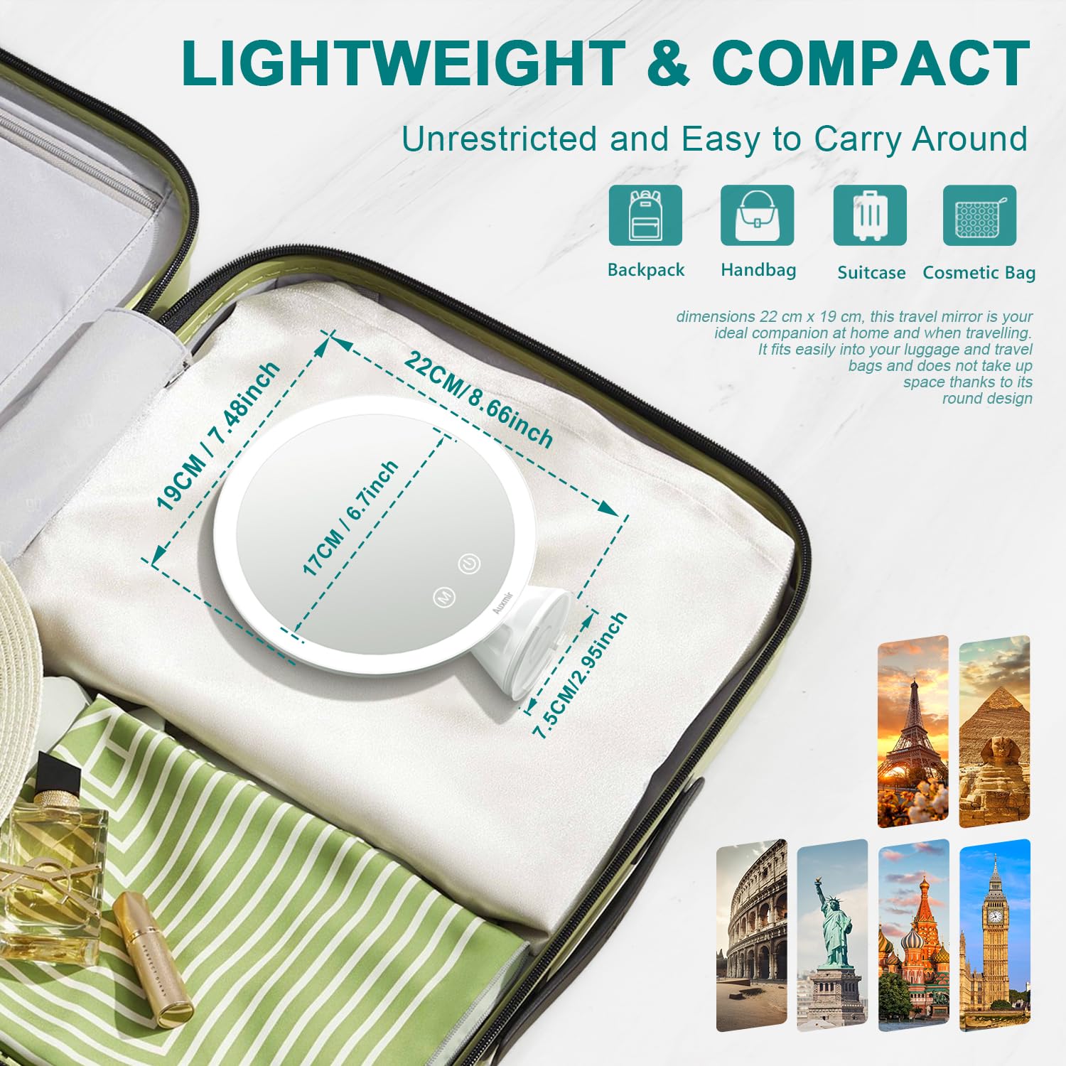 Auxmir Powiększające lustro do makijażu x10 ze światłami LED podświetlane przenośne lusterko łazienkowe, lustro z przyssawką obracane o 360°, białe