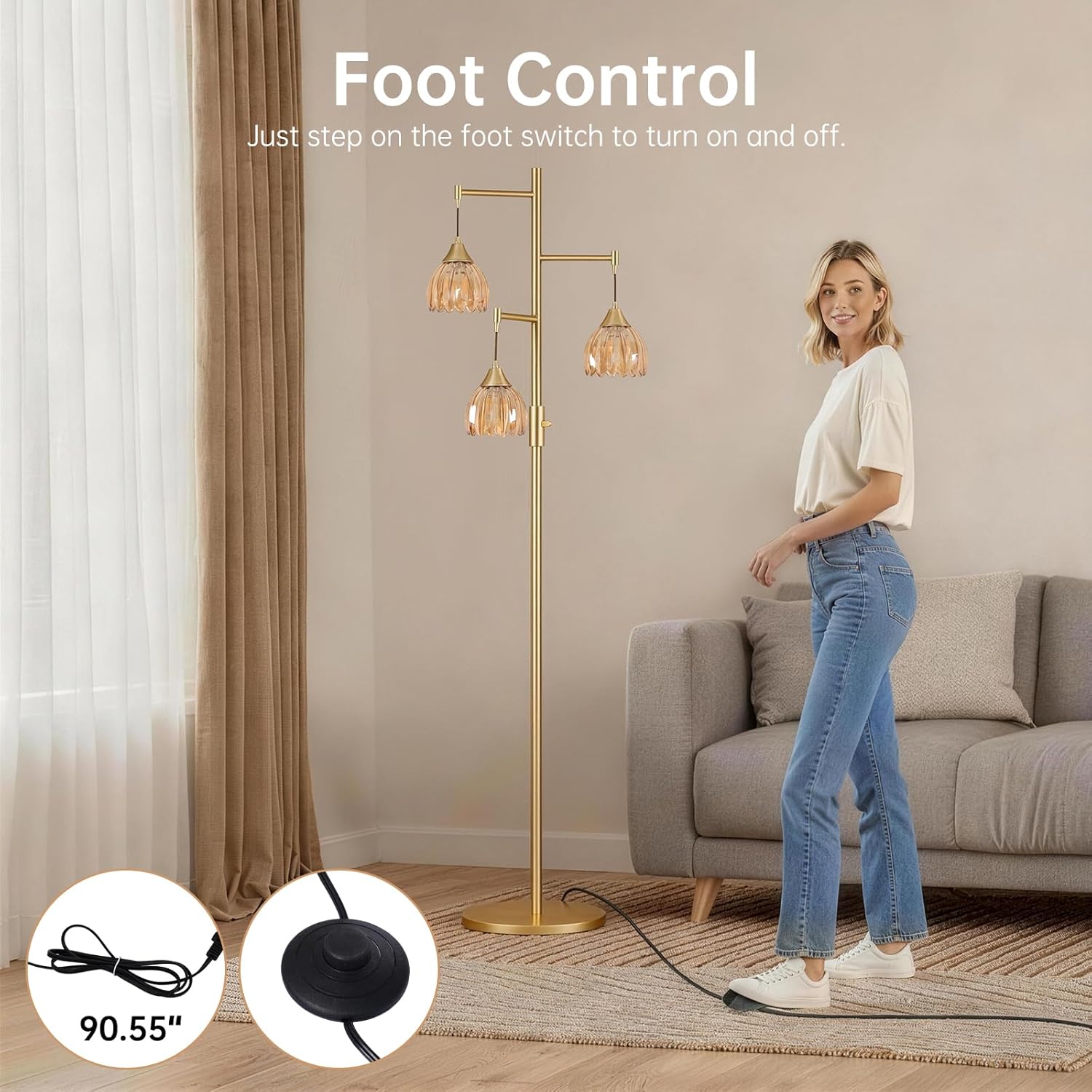 Stepless Dimming Floor Lamps for Living Room, Bedroom, Gold Standing Lamp with 3pcs 6W Bulbs, Vintage Brass Floor Lamp for Corner, Nursery (Amber Tulip)