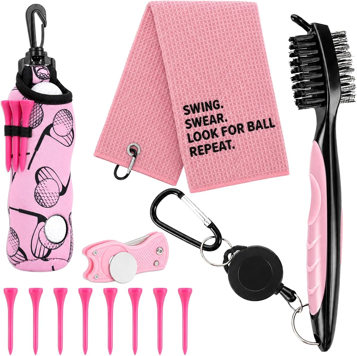 Lonfliness 12 Pcs Swing Swear Look for Ball Repeat Golf Accessories Kit Include Golf Ball Bag with Hook Towel Tees Divot Repair Tool Cleaner Brush Portable Neoprene Accessories for Golfers Gift
