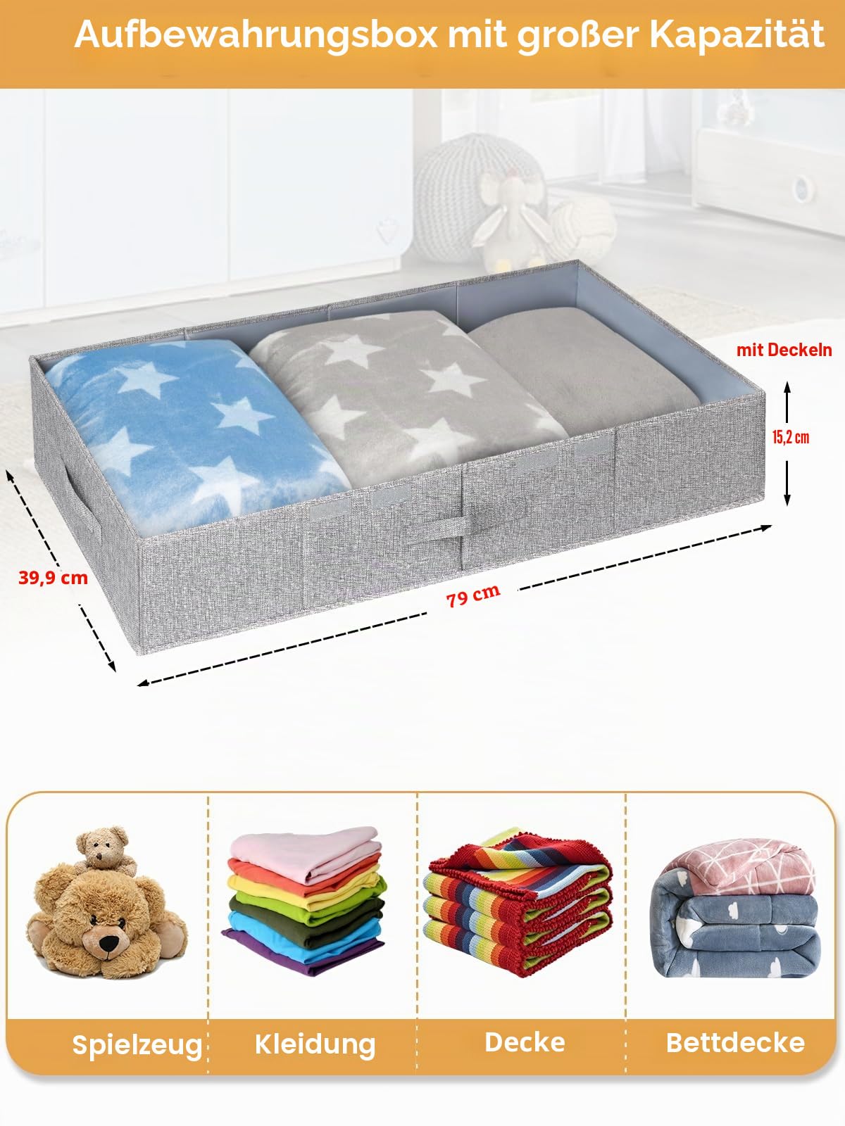 Unterbett-Aufbewahrung mit Deckeln, 2 Stück, große Unterbett-Aufbewahrungsbehälter für Kleidung mit 3 Griffen, faltbar, niedriges Profil, stapelbar, für Decke, Schuh, Schlafzimmer, 79 x 40.6 x 14 cm