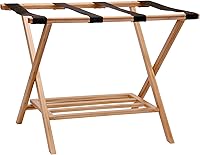 Vista 1 de Household Essentials Fully Assembled Folding Luggage Rack with Lower Storage Shelf Bamboo Frame with Black Straps