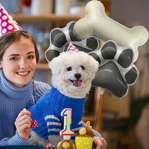 Miniatura 5 de Globos de decoración de fiesta de perro, 2 globos de aluminio en forma de pata de perro gris, 1 globo de papel de aluminio en forma de hueso para