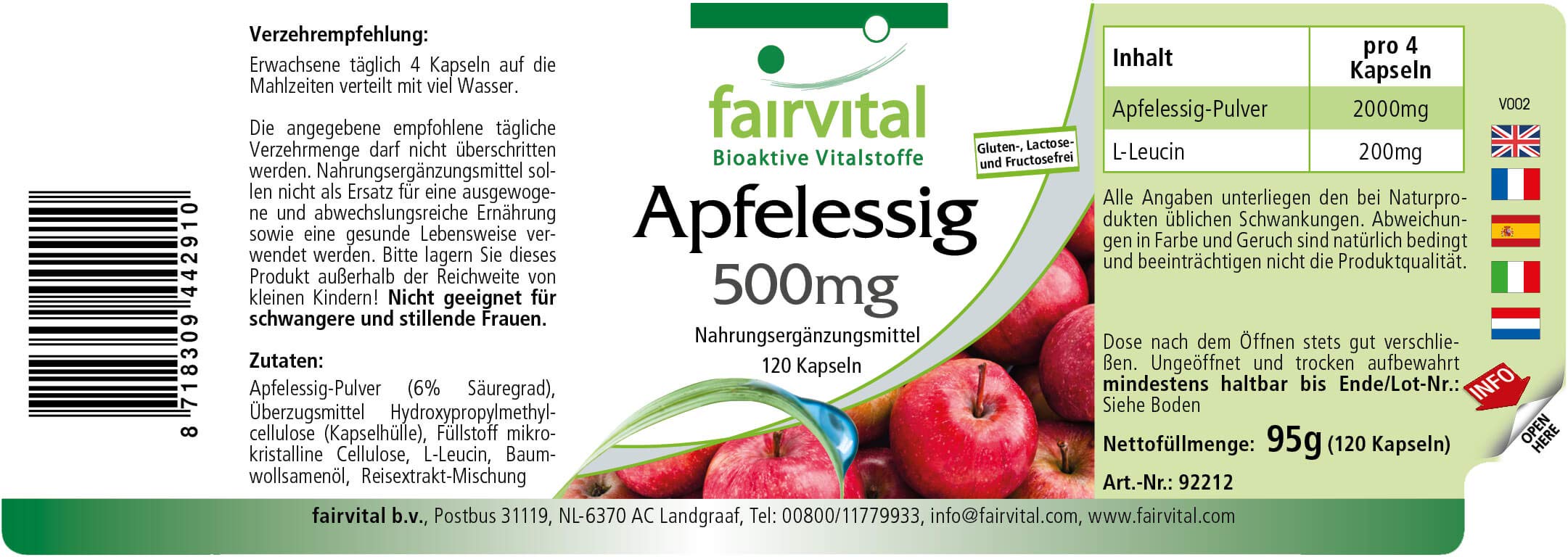 Cápsulas de vinagre de manzana, 120 cápsulas, 500mg, veganas, alta dosis