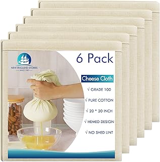 6 PCS Reusable Cheesecloth, Grade 100, 20x20 Inch Hemmed Cheese Cloth for Straining Craft, 100% Cotton Unbleached Cloth Strainer for Cooking, Baking, Juicing, Cheese Making (40×50 Threads)