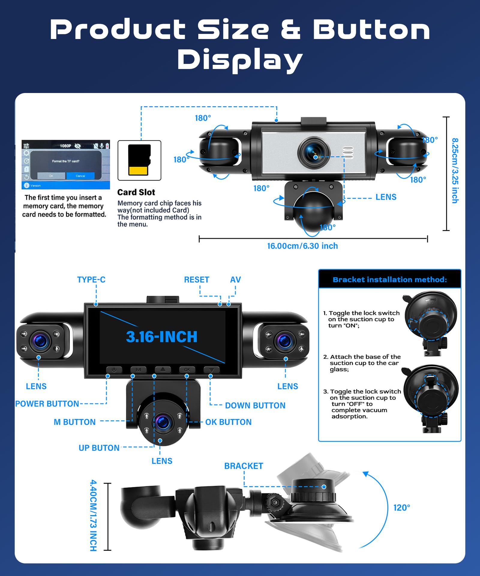 Rimoody 360° 5 Canali Dashcam Voiture, 5 x Caméra 1080P Avant et Arrière Gauche Droite, 3.16" Enregistreur de Voiture Vision Nocturne/Loop Video/Moniteur de Stationnement 24H/Aide au Stationnement