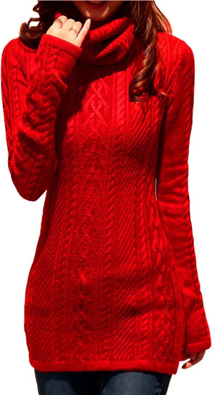 v28 Women Polo Neck Long Slim Fitted Dress Bodycon Turtleneck Cable Knit Sweater - Image 2